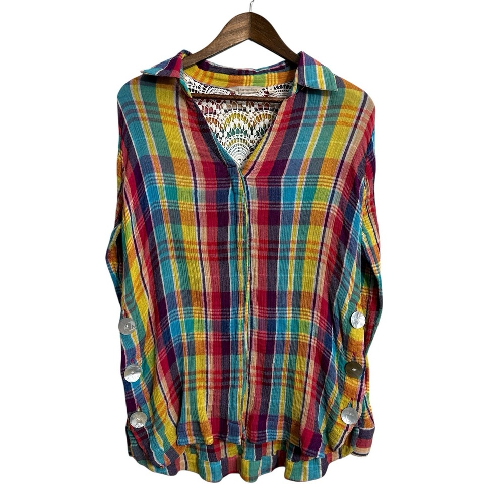 Soft Surroundings top women's medium plaid Kona shores crinkle crochet lace boho